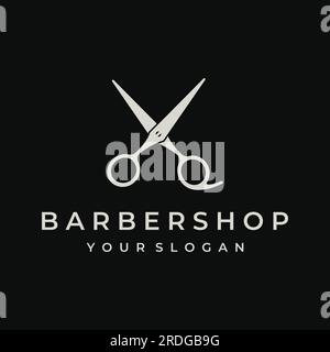 Kreatives und einfaches, klassisches Haarschnitt-Salon-Scheren-Logo isoliert auf schwarzem und weißem Hintergrund. Für Business, Friseur, Salon, Beauty. Stock Vektor