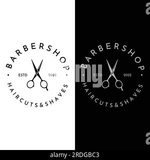 Kreatives und einfaches, klassisches Haarschnitt-Salon-Scheren-Logo isoliert auf schwarzem und weißem Hintergrund. Für Business, Friseur, Salon, Beauty. Stock Vektor