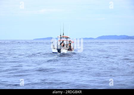 März 14 2023 - Samara, Guanacaste in Costa Rica: Bootsausflug zur Beobachtung von Delfinen im Pazifik Stockfoto