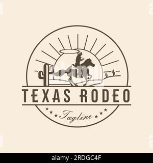 Rodeo-Silhouette mit Cowboy-Pferd – texas Vintage Retro Western Country Stamp Emblem Logo-Designvorlage Stock Vektor