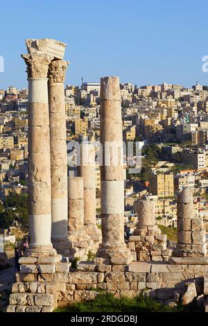 Tempel des Herkules vor den Gebäuden von Amman Stadt, Zitadelle, Jabal al-Qala'a Hügel, Amman, Jordanien Stockfoto