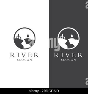 Logos von Flüssen, Bächen, Flüssen und Flüssen. River Logo mit einer Kombination aus Bergen und Ackerland und Vektordesign. Stock Vektor