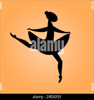 Silhouette einer Ballerina auf orangefarbenem Hintergrund. Tanzende Ballerina. Ballerina steht auf einem Bein. Stock Vektor