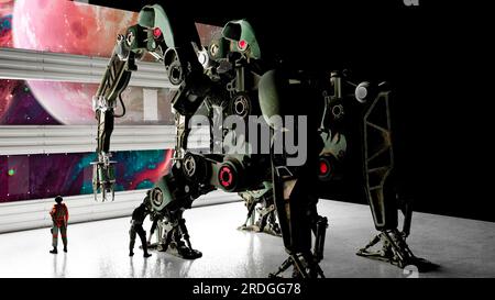 Technologie und Kriegsmaschinen, Science-Fiction, neue Welten erobern. Krieg zwischen Robotern. Hangars und Reparaturen. Militärroboter der Zukunft. Raumschiffe Stockfoto