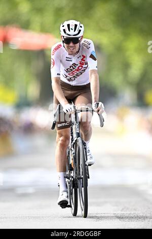 Poligny, Frankreich. 21. Juli 2023. Australischer Ben O'Connor vom Citroen-Team AG2R, Bild nach Stufe 19 des Radrennens Tour de France von Moirans-en-Montagne nach Poligny (172, 8 km), Frankreich, Freitag, 21. Juli 2023. Die diesjährige Tour de France findet vom 01. Bis 23. Juli 2023 statt. BELGA FOTO JASPER JACOBS Kredit: Belga News Agency/Alamy Live News Stockfoto