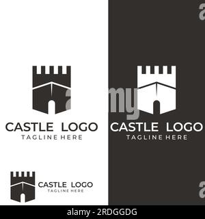 Silhouette des Burglogos, Burglogo mit Schildkombination. Stock Vektor