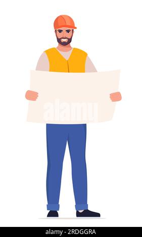 Ingenieur. Bauarbeiter in Uniform und orangefarbenem Schutzhelm, hält Zeichnung in den Händen. Leiter der Bauarbeiten. Vector Illustrati Stock Vektor