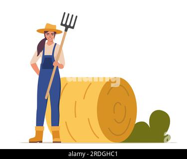 Frau mit Heugabel in der Nähe des Heuhaufen. Der Bauer bereitet Heu zu. Futter für Nutztiere. Gelbes Stroh im Heuhaufen und in landwirtschaftlichen Geräten. Vektor illustr Stock Vektor