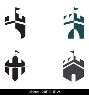 Silhouette des Burglogos, Burglogo mit Schildkombination. Stock Vektor