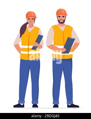 Mann und Frau Ingenieur. Bauarbeiter in Uniform und orangefarbenem Schutzhelm, halten Klemmbrett mit Checkliste. Leiter der Bauarbeiten. Ve Stock Vektor