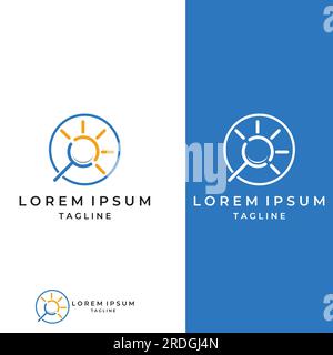 Logo-Suche oder -Suche, Logo-Suche nach Kombination, Lab, Mond, Standort, Check, Wellen und Sonne. Logo mit einfacher Bearbeitung. Stock Vektor