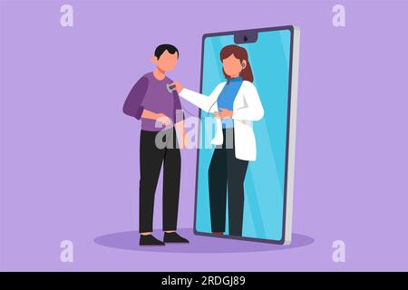 Eine weibliche Ärztin mit flacher Figur kommt vom Smartphone-Bildschirm und überprüft die Herzfrequenz des Patienten mit einem Stethoskop. Online Arzt medizinische Gesundheit Stockfoto