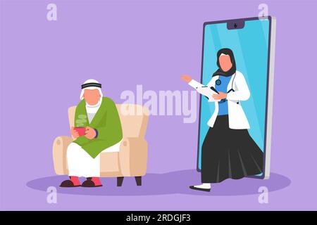 Cartoon flacher Stil, männliche Patientin, die Fieber hat, sitzt auf dem Sofa, benutzt eine Decke, hält eine Tasse und eine arabische Ärztin, die aus dem Smartphone geht Stockfoto