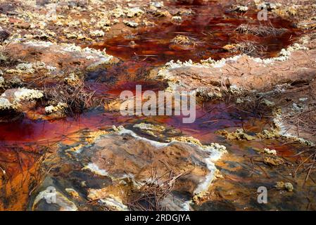 Rio Tinto saures Wasser aus den Riotinto-Minen. Dieses giftige Wasser enthält Schwermetalle und extreophile Bakterien (Acidithiobacillus ferrooxidans und L Stockfoto