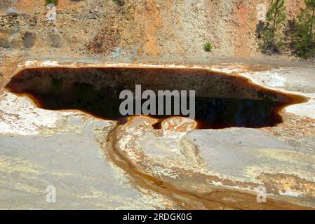 Rio Tinto saures Wasser aus den Riotinto-Minen. Dieses giftige Wasser enthält Schwermetalle und extreophile Bakterien (Acidithiobacillus ferrooxidans und L Stockfoto