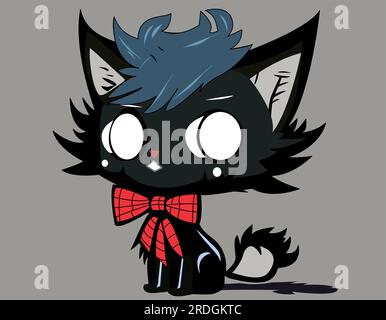 Schwarze Cartoon-Katze mit roter Schleife. Katze mit großen Augen und Kopf. Das Kätzchen sitzt und starrt Stock Vektor