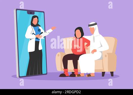 Cartoon flache Zeichnung arabische weibliche Ärztin kommt aus dem Smartphone-Bildschirm heraus und gibt Beratung für Paare mit schwangerer Frau. Stockfoto