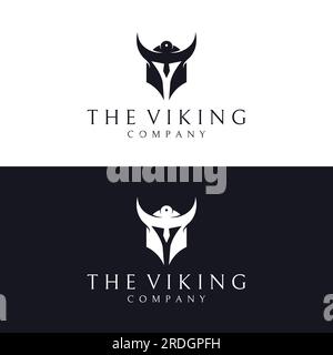 Wikingerhelm Logo mit Hornhelm und wikinger mit dem Buchstaben V. Stock Vektor