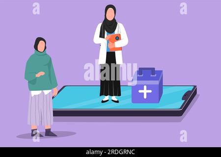 Cartoon flache Zeichnung einer arabischen Ärztin, die auf einem riesigen Smartphone-Bildschirm steht und mit einer Patientin spricht. Digitaler medizinischer Online-App-Service Stockfoto