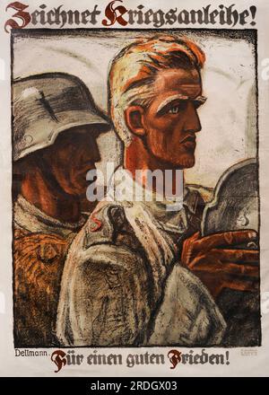 Erster Weltkrieg (1914-1918). Deutsches Propagandaposter. Kauf Kriegsanleihen! (Oben) und „für einen guten Frieden!“ (Unten). Erstellt von Ludwig Dettmann. Veröffentlicht von Hollerbaum & Schmidt aus Berlin, 1916. Autor: Ludwig Dettmann (1865-1944). Deutscher Maler. Stockfoto