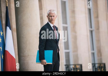 Paris, Frankreich. 01. Juni 2023. Franck Riester, französischer Nachfolger für die Beziehungen zum Parlament, nach dem Ministerrat im Elysée-Palast. Frankreich. Paris, 21. Juli 2023.Foto von Jeremy Paoloni/ABACAPRESS.COM Kredit: Abaca Press/Alamy Live News Stockfoto