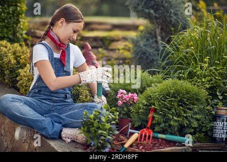 Kleines Mädchen, das im Blumengarten neben dem Haus arbeitet, ein Loch im Boden gräbt, um wunderschöne Blumen aus dem Topf zu Pflanzen, an einem Sommertag Gartenarbeit. Stockfoto