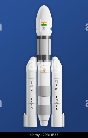 PUNE, INDIEN, 15. JULI 2023 Chandrayaan 3 auf dem Mond mit blauem Hintergrund. Einige Elemente dieses Bildes wurden von der NASA und der ISRO bereitgestellt. Illustrierendes Konzept i Stockfoto