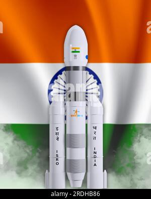 PUNE, INDIEN, 15. JULI 2023 Chandrayaan 3 auf dem Mond mit dem Hintergrund der indischen Wellenflagge verschwommen. Einige Elemente dieses Bildes wurden von der NASA und der ISRO bereitgestellt. ich bin es Stockfoto