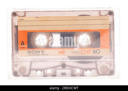 Audiokassette SONY CHF60, Seite A, isoliert auf weißem Hintergrund Stockfoto