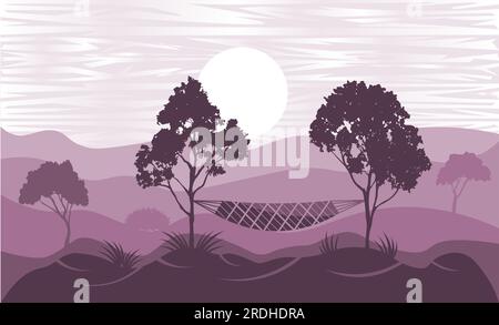 Landschaft im Silhouettenstil mit Tal und Bergen und Hängematten an Bäumen Stock Vektor