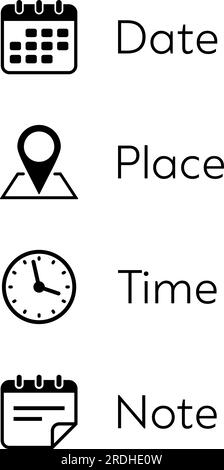 Symbole für Datum, Ort, Uhrzeit und Notizen für Visitenkarten- oder Webdesign Stock Vektor