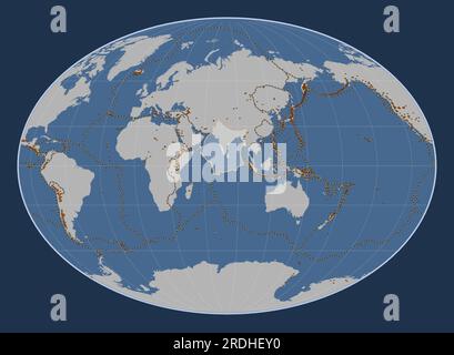 Indische tektonische Platte auf der Volumenkonturkarte in der Fahey-Projektion, mittig zentriert. Verbreitung bekannter Vulkane Stock Vektor