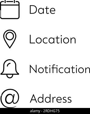 Symbole für Datum, Ort, Benachrichtigung und Adresse für Webdesign Stock Vektor
