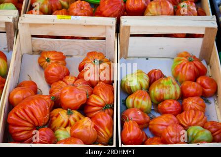 Hausgemachte rote Beefsteak-Tomaten in Holzkisten zum Verkauf auf dem Bauernmarkt. Stockfoto