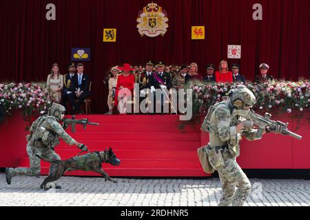 Brüssel, Belgien. 21. Juli 2023. Soldaten demonstrieren antiterroristische Fähigkeiten bei einer Militär- und Bürgerparade der Feierlichkeiten zum belgischen Nationalfeiertag am 21. Juli 2023 in Brüssel, Belgien. Kredit: Zheng Huansong/Xinhua/Alamy Live News Stockfoto