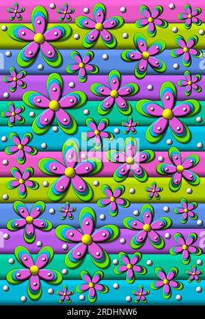 Mehrfarbige Streifen in 3D-Liniengrafik. Mehrlagige Blüten in aufeinander abgestimmten Farben bilden die zweite Schicht. Weiße Punkte geben Auffüllung. Stockfoto