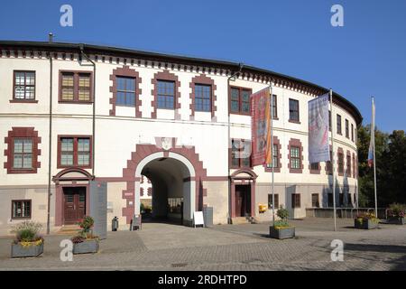 Eintritt mit Flaggen zum Schloss Elisabethenburg, erbaut 1690, Meiningen, Thüringen, Deutschland Stockfoto