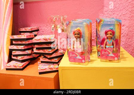 Barbiepuppen und Accessoires sind im Souvenirladen des neu eröffneten Malibu Barbie Caf Chicago erhältlich, das sich am 21. Juli 2023 auf der cityÕs nahe der West Side befindet. Die caf hat Barbie-Themen wie eine lebensgroße Barbie Spielzeugbox, eine Malibu Skateboarde, Ein Barbie-Telefon, einen beweglichen Wellenbogen und die caf dcor ist pink. Das Caf ist bis Oktober geöffnet. (Foto: Alexandra Buxbaum/Sipa USA) Guthaben: SIPA USA/Alamy Live News Stockfoto