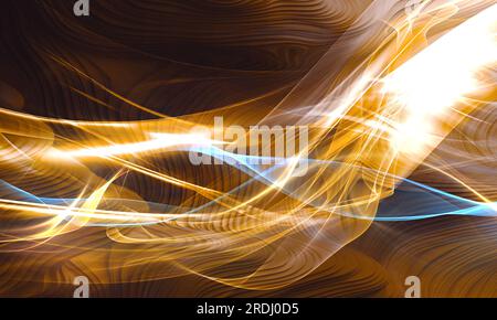 Wunderschöne farbenfrohe Lichteffekte durch braune Lichter und Blitz. Hintergrund mit fliegenden Designelementen. Blauer Hintergrund. Hintergrund mit abstraktem Glitzerlicht Stockfoto