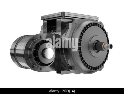 Einzelner Elektrofahrzeugmotor auf weißem Hintergrund. Generisches Design. 3D-Rendering-Abbildung. Stockfoto