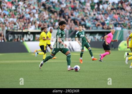 15. Juli 2023; Portland, Oregon, USA; Columbus Crew bei Portland Timbers in einem MLS-Spiel im Providence Park. (Foto: Al Sermeno/KLC fotos) Stockfoto