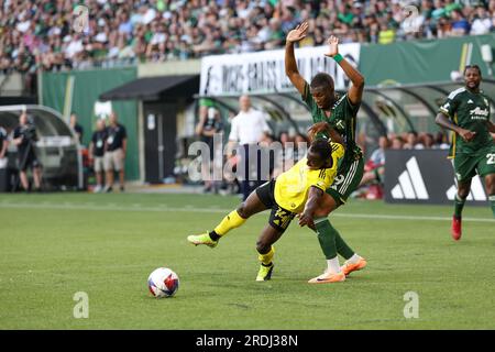 15. Juli 2023; Portland, Oregon, USA; Columbus Crew bei Portland Timbers in einem MLS-Spiel im Providence Park. (Foto: Al Sermeno/KLC fotos) Stockfoto