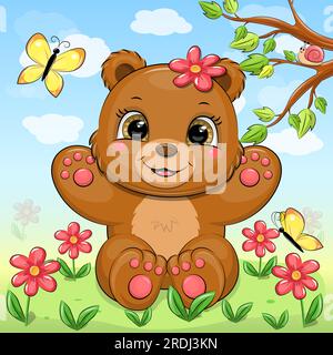 Süßer Cartoon-Braunbär in der Natur. Frühlingstier-Vektordarstellung mit roten Blumen, gelben Schmetterlingen, grünem Gras, Baum, blauem Himmel und weißer Wolke Stock Vektor