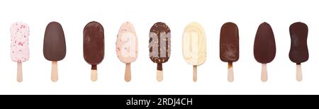 Set verschiedener Eiscremes, isoliert auf Weiß Stockfoto