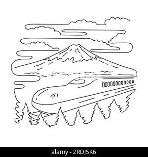 Mono-Linien-Darstellung des Fuji und des Shinkansen-Schnellzugs auf der Insel Honshu im Fuji-Hakone-Izu-Nationalpark in Japan in Monolin Stockfoto