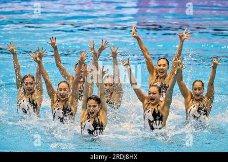 Fukuoka, Japan. 21. Juli 2023. Team Japan nimmt am 21. Juli 2023 an der Marine Messe Hall A in Fukuoka (Japan) bei den Aquatics World Championships 20. im Mixed Team Free Final Teil. Kredit: Insidefoto di andrea staccioli/Alamy Live News Stockfoto