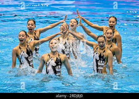 Fukuoka, Japan. 21. Juli 2023. Team Japan nimmt am 21. Juli 2023 an der Marine Messe Hall A in Fukuoka (Japan) bei den Aquatics World Championships 20. im Mixed Team Free Final Teil. Kredit: Insidefoto di andrea staccioli/Alamy Live News Stockfoto