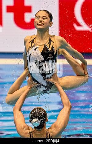 Fukuoka, Japan. 21. Juli 2023. Team Japan nimmt am 21. Juli 2023 an der Marine Messe Hall A in Fukuoka (Japan) bei den Aquatics World Championships 20. im Mixed Team Free Final Teil. Kredit: Insidefoto di andrea staccioli/Alamy Live News Stockfoto