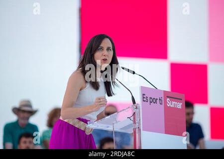 Madrid, Spanien. 21. Juli 2023. Ione Belarra, Ministerin für soziale Rechte und Agenda 2030 Spaniens und Generalsekretär der Podemos-Partei, spricht während der politischen Veranstaltung, die den Abschluss des Wahlkampfes für die Sumar-Partei bei den Parlamentswahlen in Spanien markiert. Die Parlamentswahlen für den spanischen Ratsvorsitz finden am 23. Juli 2023 statt. Kredit: SOPA Images Limited/Alamy Live News Stockfoto