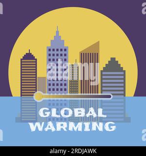 Konzept der globalen Erwärmung und des Klimawandels mit Stadtgebäuden bei Sonnenuntergang, halb im Wasser ertrunken. Globale Erwärmung und Klimawandel. Globale Temperatur A Stock Vektor